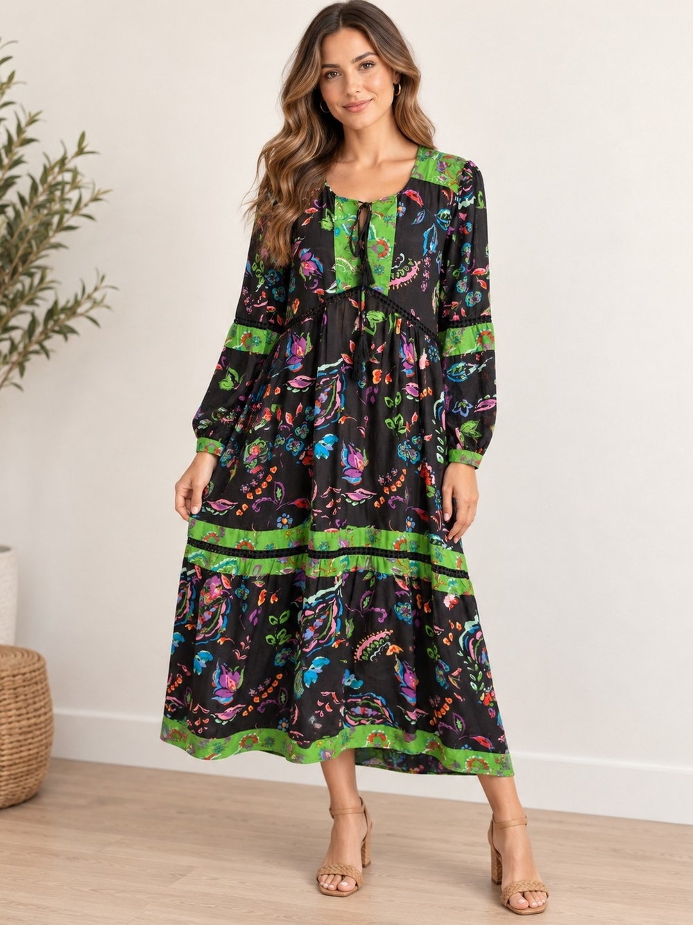 KikiSol XL Black Multicolor Floral Boho Tassel Tie Midi Maxi Dress